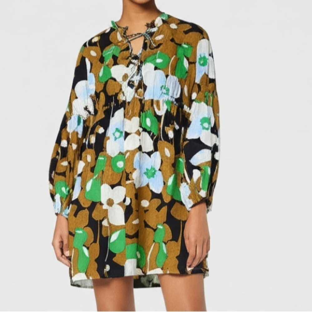 Who What Wear tie front dress long sleeve balloon floral bow pockets mini